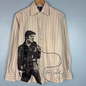 VTG Elvis Presley Dragonfly Button Up Long Sleeve Shirt Mens Medium Striped FLAW